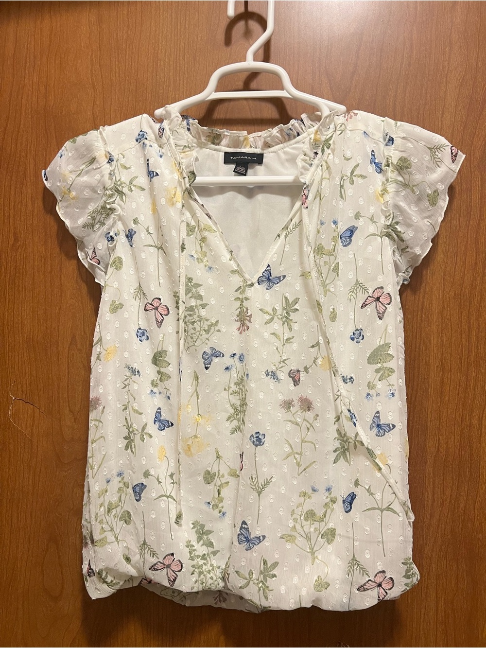 Floral & Butterfly V-Neck Short Sleeve Blouse - Cream